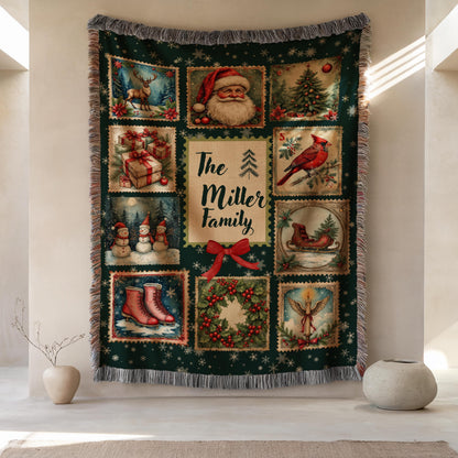 Personalized Christmas Stamp Woven Blanket, Custom Family Name Holiday Throw, Vintage Santa Snowman Winter Decor, Festive Xmas Gift - product image 3