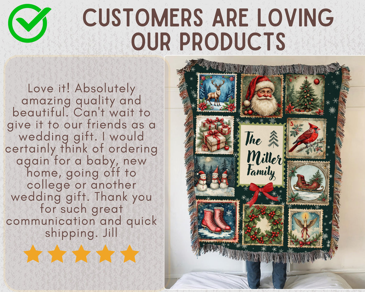 Personalized Christmas Stamp Woven Blanket, Custom Family Name Holiday Throw, Vintage Santa Snowman Winter Decor, Festive Xmas Gift - product image 4
