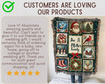 Personalized Christmas Stamp Woven Blanket, Custom Family Name Holiday Throw, Vintage Santa Snowman Winter Decor, Festive Xmas Gift - product image 4