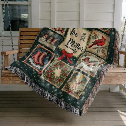 Personalized Christmas Stamp Woven Blanket, Custom Family Name Holiday Throw, Vintage Santa Snowman Winter Decor, Festive Xmas Gift - product image 7