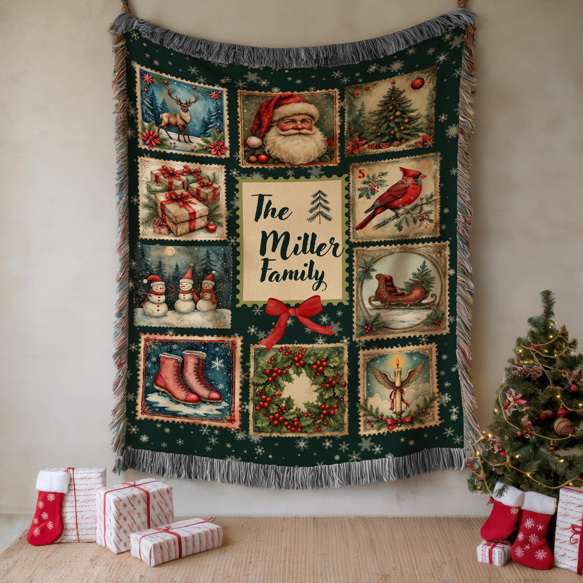 Personalized Christmas Stamp Woven Blanket, Custom Family Name Holiday Throw, Vintage Santa Snowman Winter Decor, Festive Xmas Gift - main product image