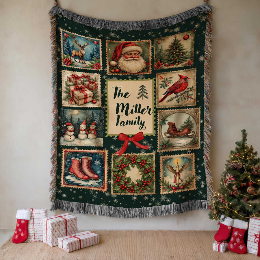 Personalized Christmas Stamp Woven Blanket, Custom Family Name Holiday Throw, Vintage Santa Snowman Winter Decor, Festive Xmas Gift - main product image