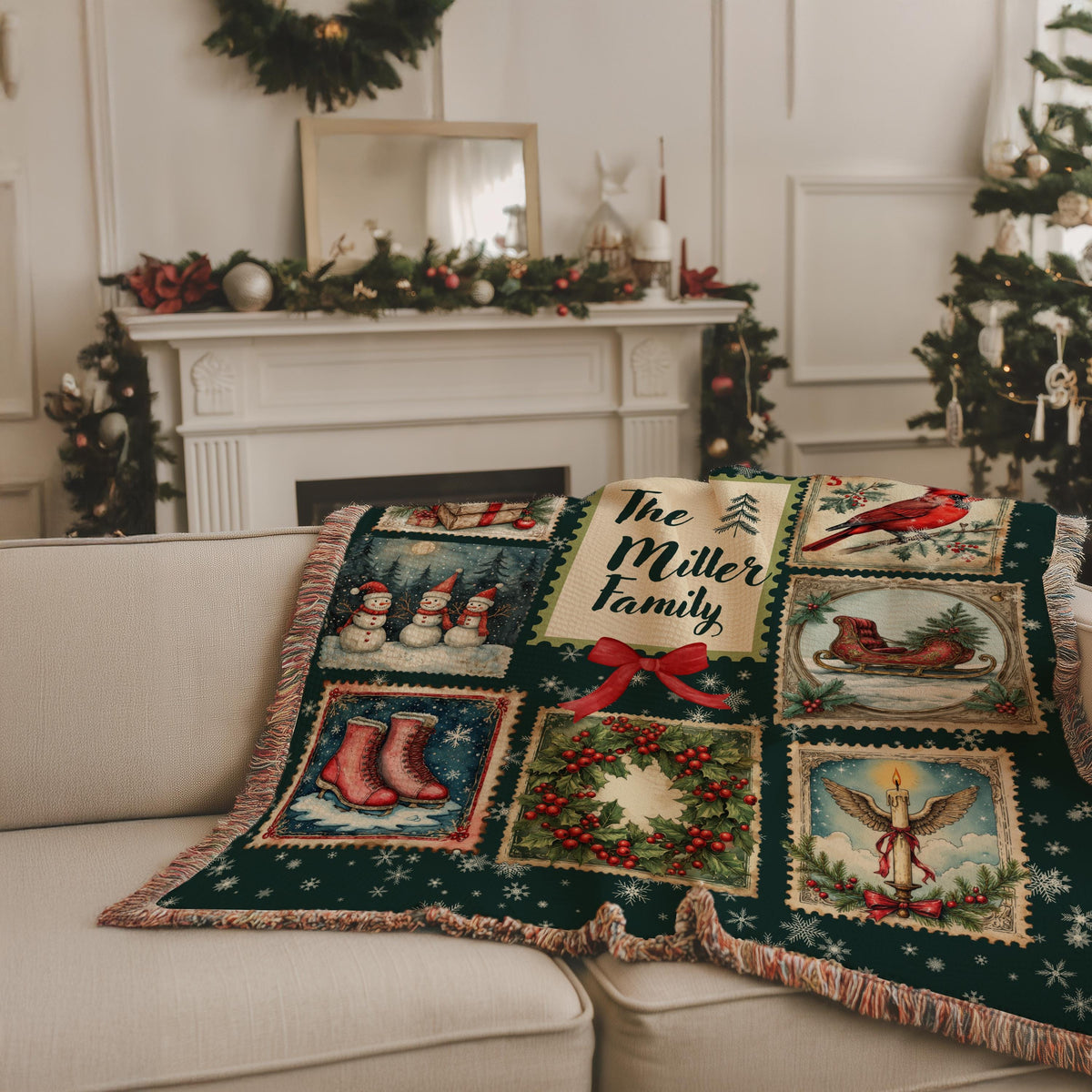 Personalized Christmas Stamp Woven Blanket, Custom Family Name Holiday Throw, Vintage Santa Snowman Winter Decor, Festive Xmas Gift - product image 2
