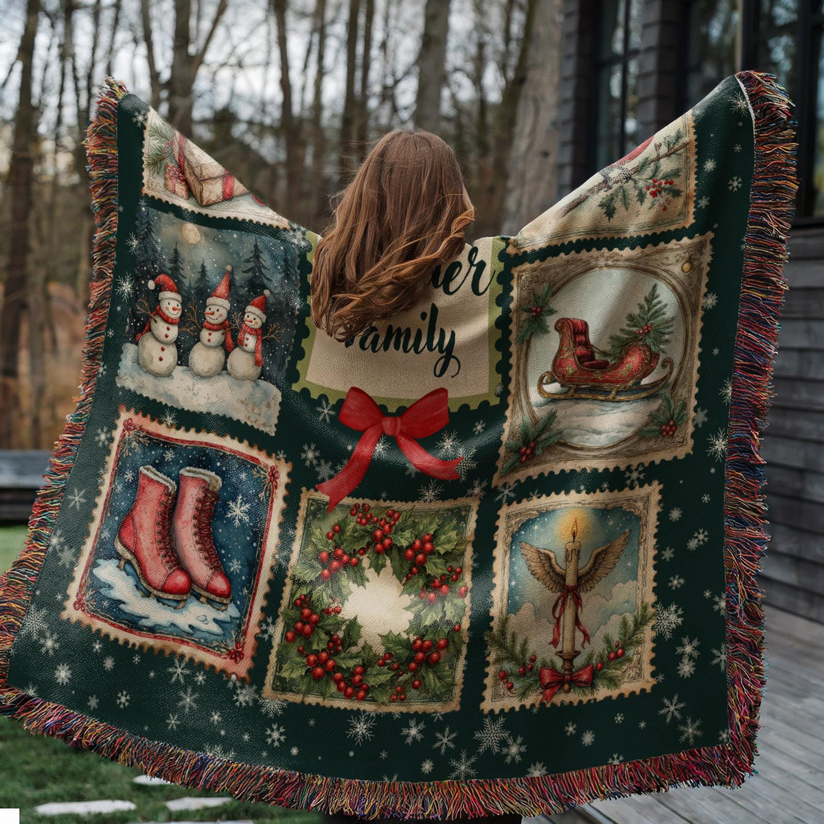 Personalized Christmas Stamp Woven Blanket, Custom Family Name Holiday Throw, Vintage Santa Snowman Winter Decor, Festive Xmas Gift - product image 8