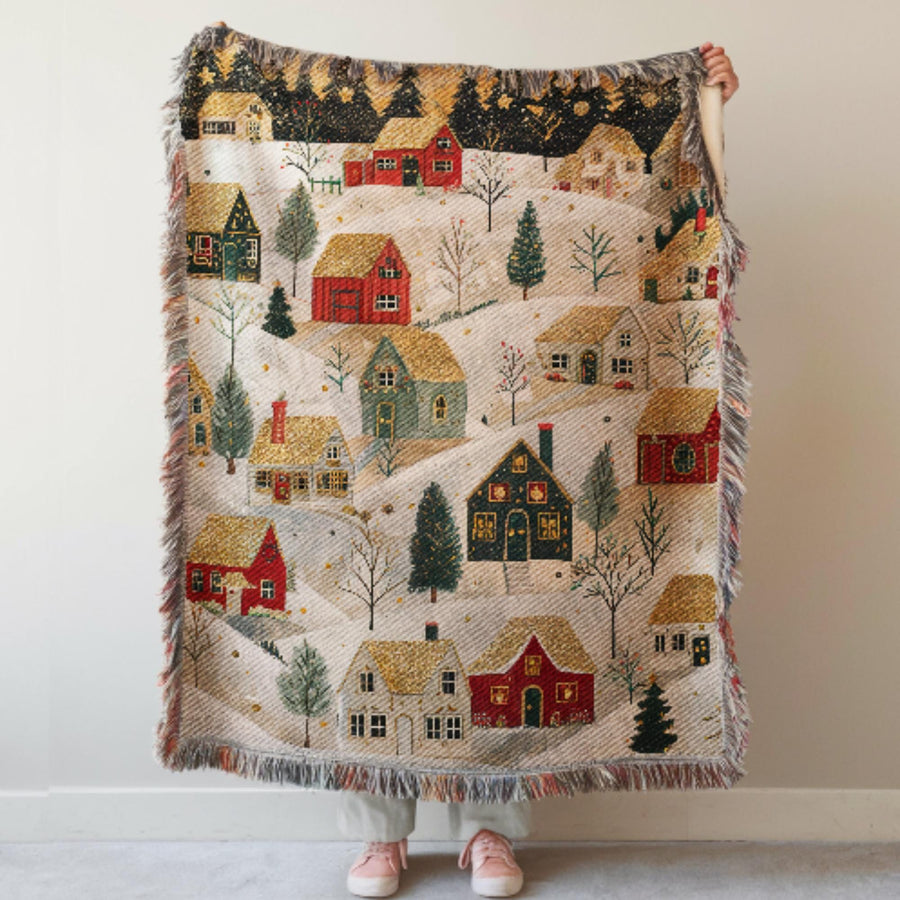 Christmas Woven Blanket, Personalized Festive Xmas Village Cotton Throw, Keepsake Tapestry - main product image