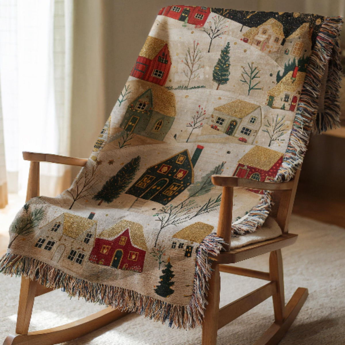 Christmas Woven Blanket, Personalized Festive Xmas Village Cotton Throw, Keepsake Tapestry - product image 8