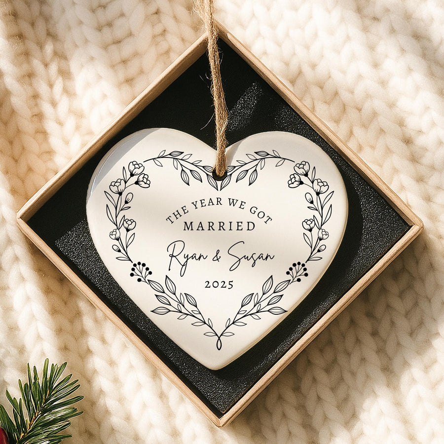 First Christmas Married Ornament, Personalized Wedding Ornament, 1st Christmas As Mr and Mrs Ornament, Newlywed Couple Heart Bauble - main product image