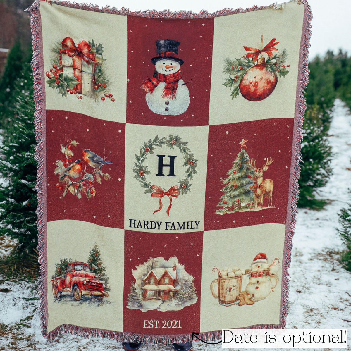 Custom Holiday Blanket Personalized Family Heirloom Name Gift Winter Throw Cotton Fringe Winter Cabin Decoration Farmhouse Patchwork - product image 8