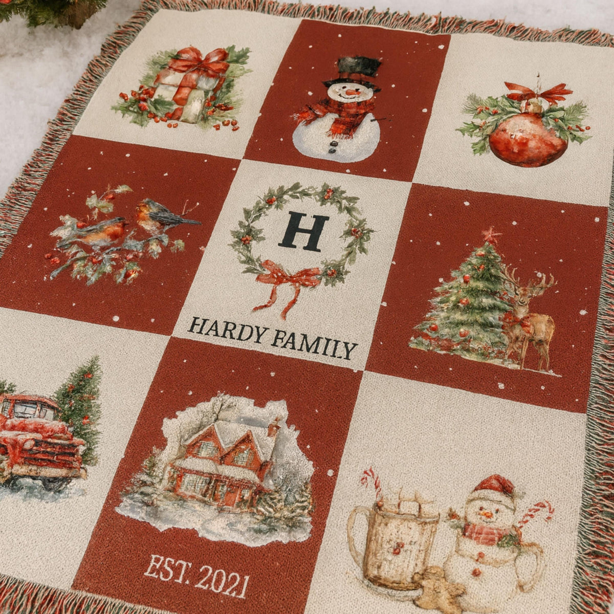 Custom Holiday Blanket Personalized Family Heirloom Name Gift Winter Throw Cotton Fringe Winter Cabin Decoration Farmhouse Patchwork - product image 9