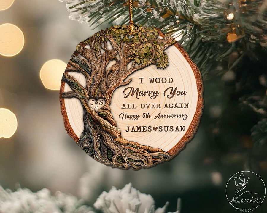 Personalized 5th Anniversary Wooden Ornament, Wood Anniversary Gift For Couples, 3D Wood Ornament, Gift For Him Her, Wedding Ornament - main product image