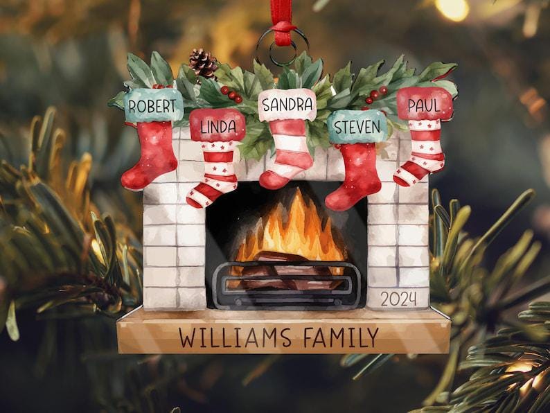 Personalized Family Christmas Ornament 2026 | Custom Stockings on Fireplace Design | Family Name Ornament | Holiday Tree Gift - product image 5