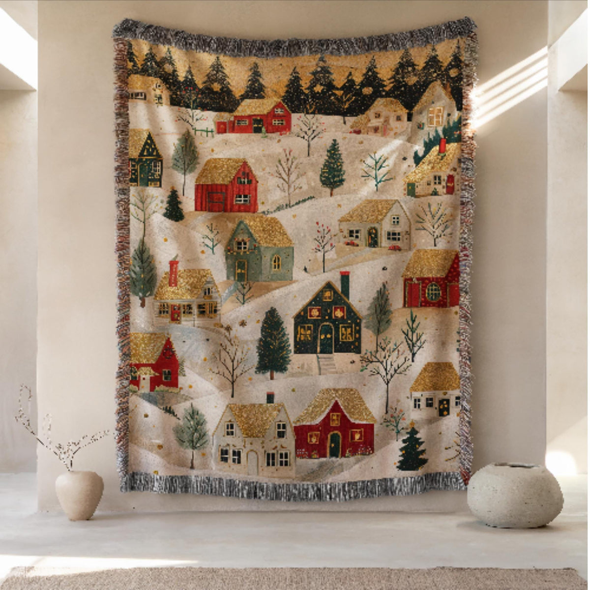 Christmas Woven Blanket, Personalized Festive Xmas Village Cotton Throw, Keepsake Tapestry - product image 6
