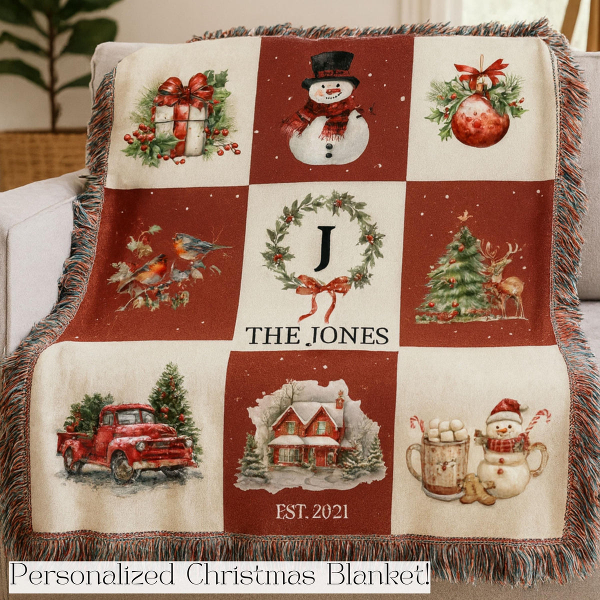 Custom Holiday Blanket Personalized Family Heirloom Name Gift Winter Throw Cotton Fringe Winter Cabin Decoration Farmhouse Patchwork - product image 5