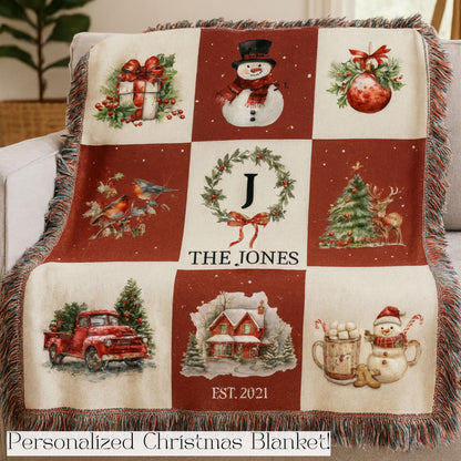 Custom Holiday Blanket Personalized Family Heirloom Name Gift Winter Throw Cotton Fringe Winter Cabin Decoration Farmhouse Patchwork - product image 5