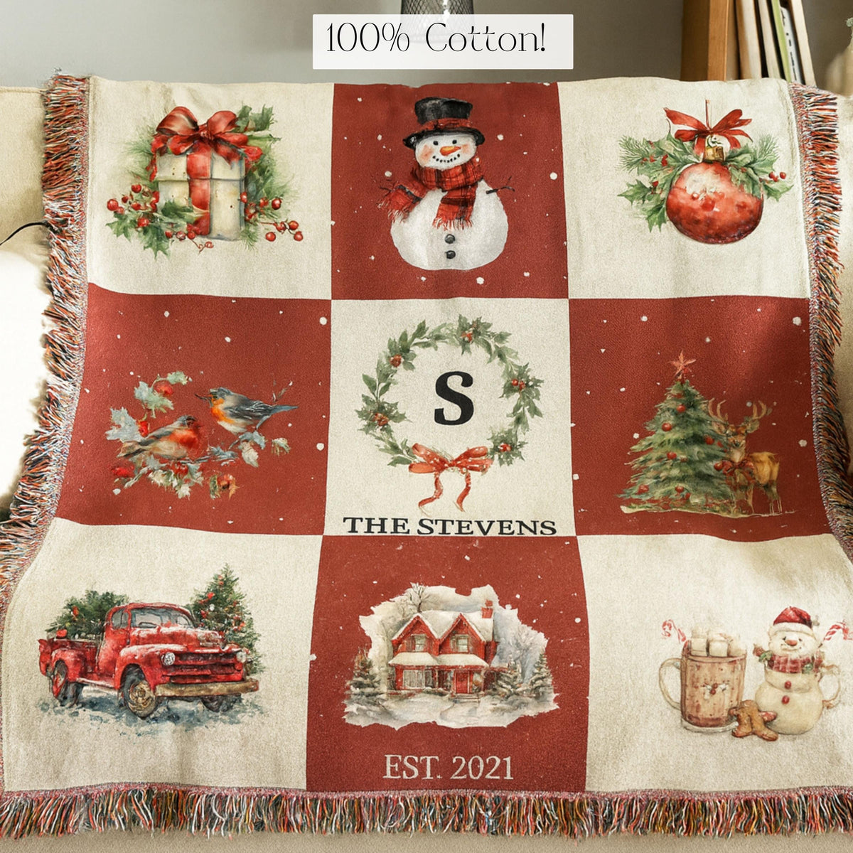 Custom Holiday Blanket Personalized Family Heirloom Name Gift Winter Throw Cotton Fringe Winter Cabin Decoration Farmhouse Patchwork - product image 3