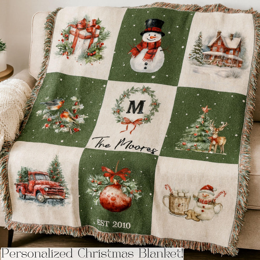 Custom Holiday Blanket Personalized Family Heirloom Name Gift Winter Throw Cotton Fringe Winter Cabin Decoration Farmhouse Patchwork - main product image