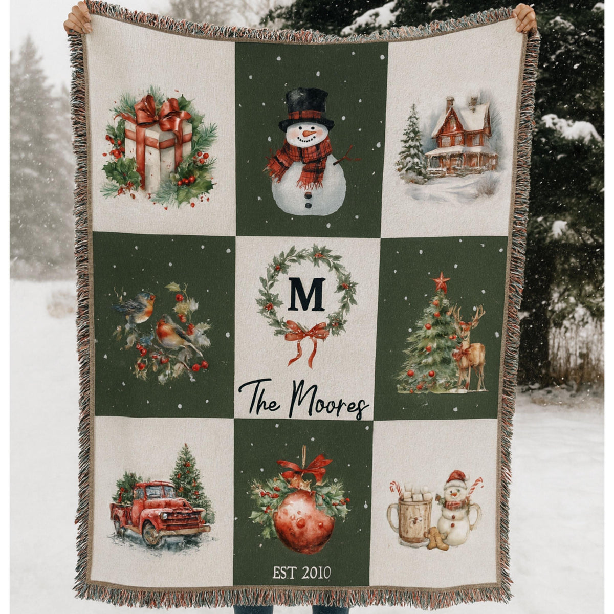 Custom Holiday Blanket Personalized Family Heirloom Name Gift Winter Throw Cotton Fringe Winter Cabin Decoration Farmhouse Patchwork - product image 6