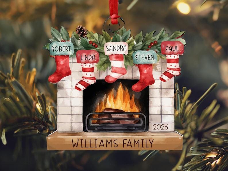 Personalized Family Christmas Ornament 2026 | Custom Stockings on Fireplace Design | Family Name Ornament | Holiday Tree Gift - main product image