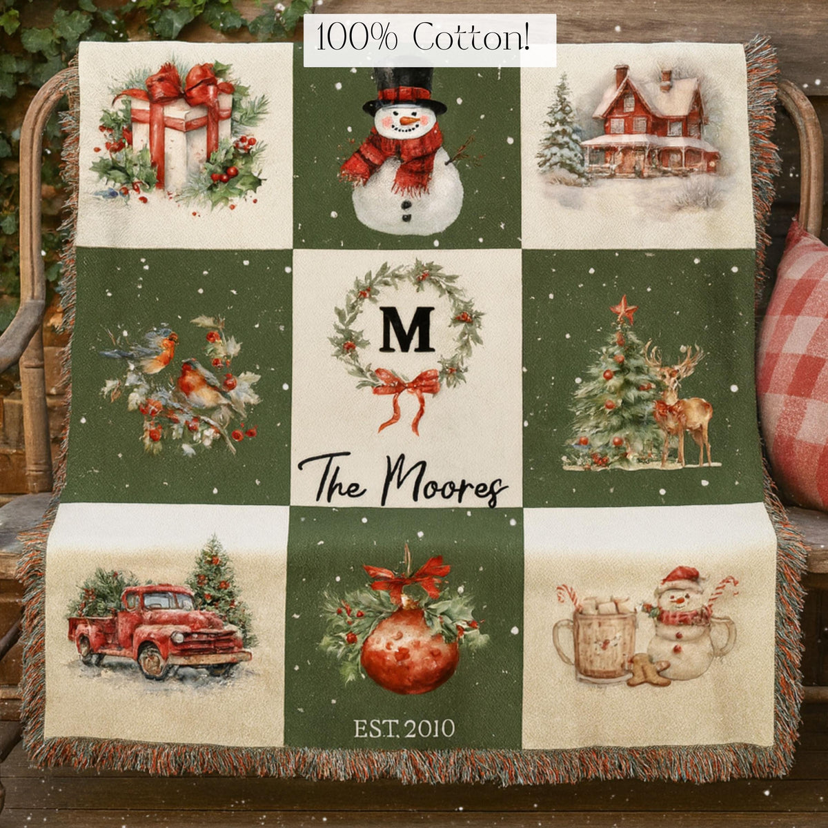 Custom Holiday Blanket Personalized Family Heirloom Name Gift Winter Throw Cotton Fringe Winter Cabin Decoration Farmhouse Patchwork - product image 4