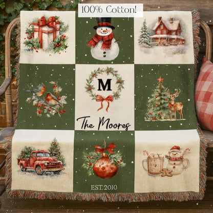Custom Holiday Blanket Personalized Family Heirloom Name Gift Winter Throw Cotton Fringe Winter Cabin Decoration Farmhouse Patchwork - product image 4