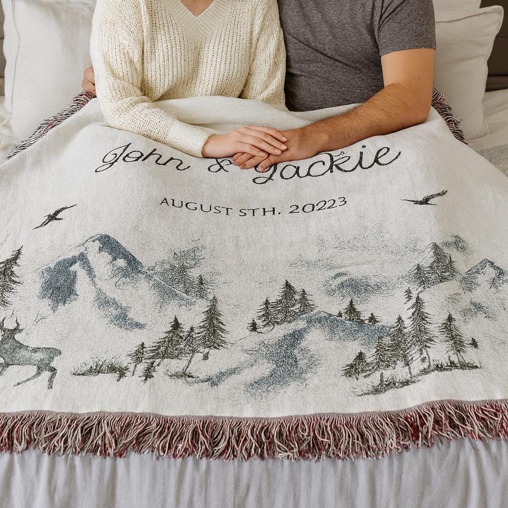 Outdoorsy Couple Blanket Nature Lovers Engagement Gift Adventure Couples Anniversary Personalized Mountain Woven Cotton Fringe Throw Blanket - product image 5