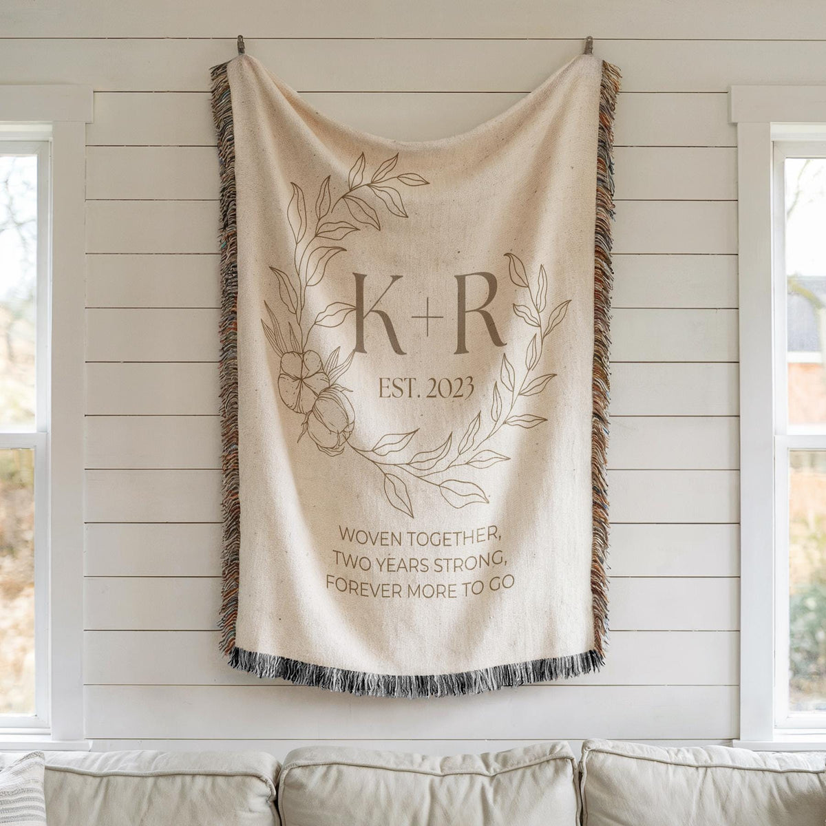 Custom Cotton Anniversary Woven Blanket, Couples initials Throw Blanket, Personalized 2nd Anniversary, 2 Year Wedding Anniversary Gifts 012 - product image 8