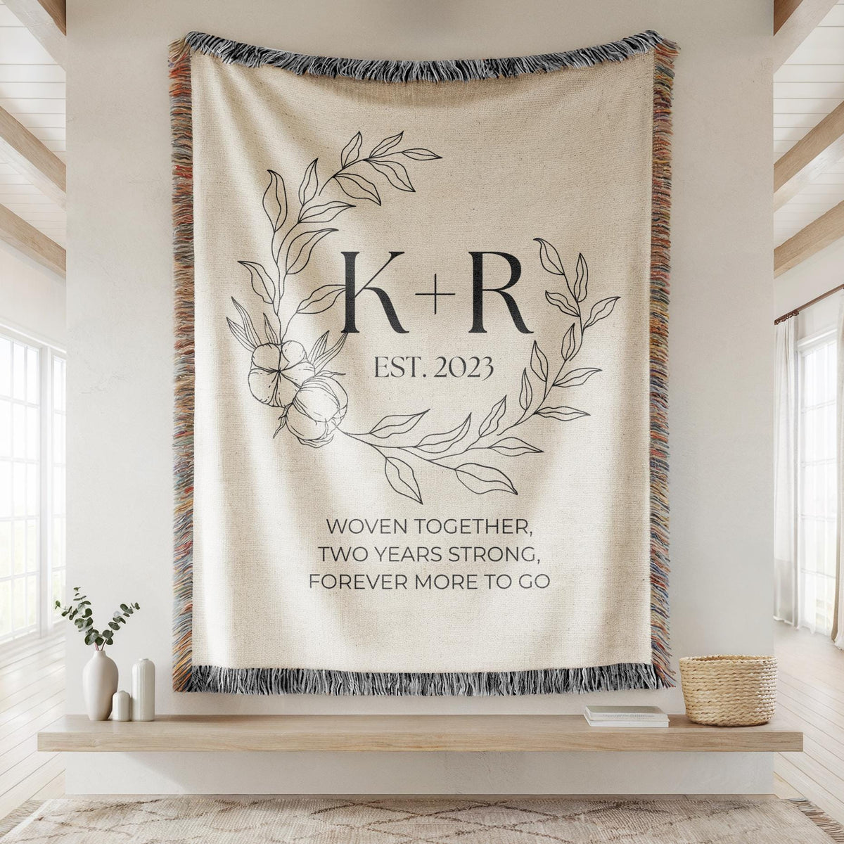Custom Cotton Anniversary Woven Blanket, Couples initials Throw Blanket, Personalized 2nd Anniversary, 2 Year Wedding Anniversary Gifts 012 - main product image