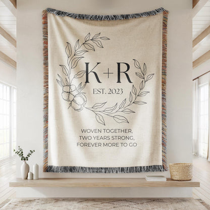Custom Cotton Anniversary Woven Blanket, Couples initials Throw Blanket, Personalized 2nd Anniversary, 2 Year Wedding Anniversary Gifts 012 - main product image