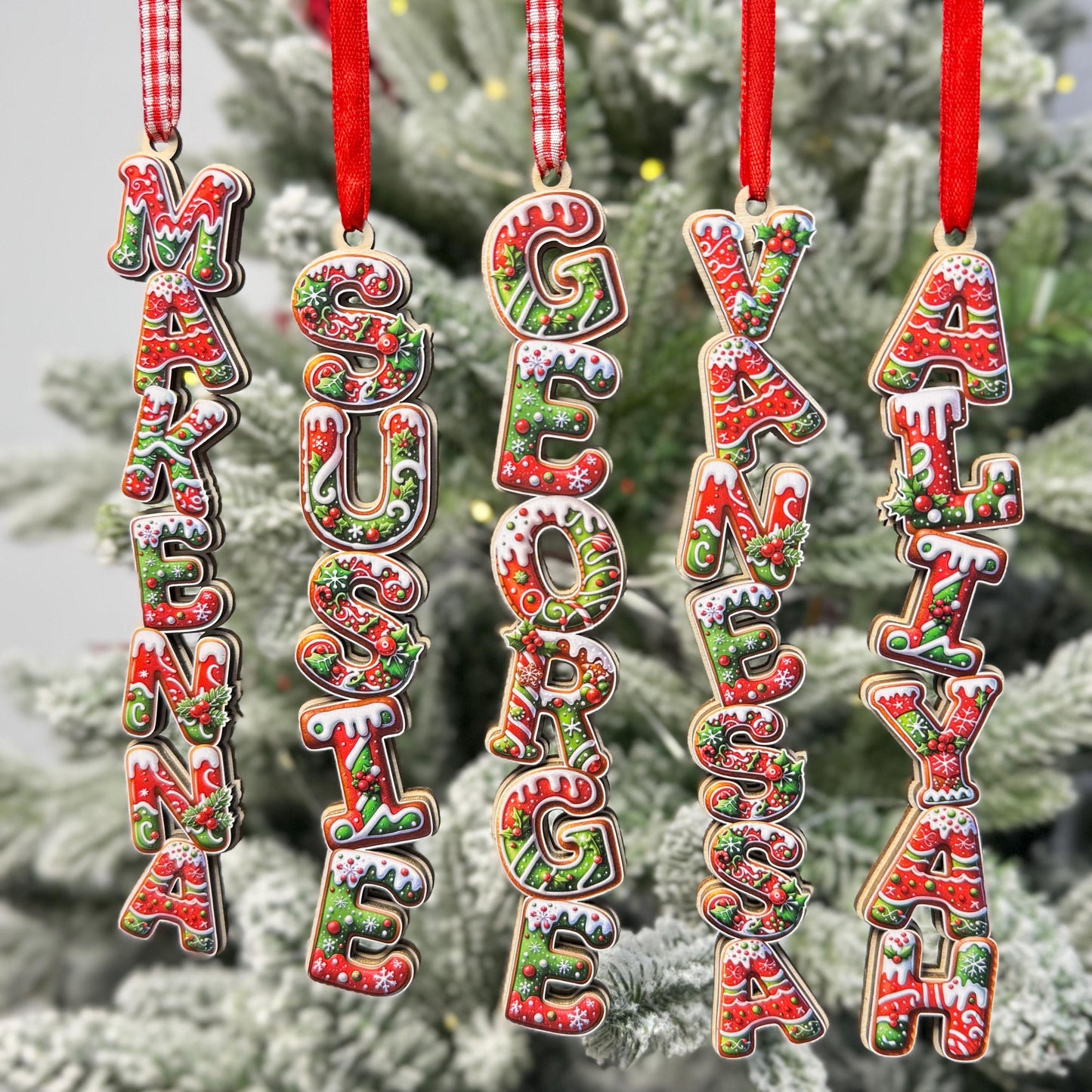 Traditional Gingerbread Name Ornaments - Red Green Letter Decor - Personalized Wood Christmas Tree Tag - Holiday Cookie Gift - product image 5