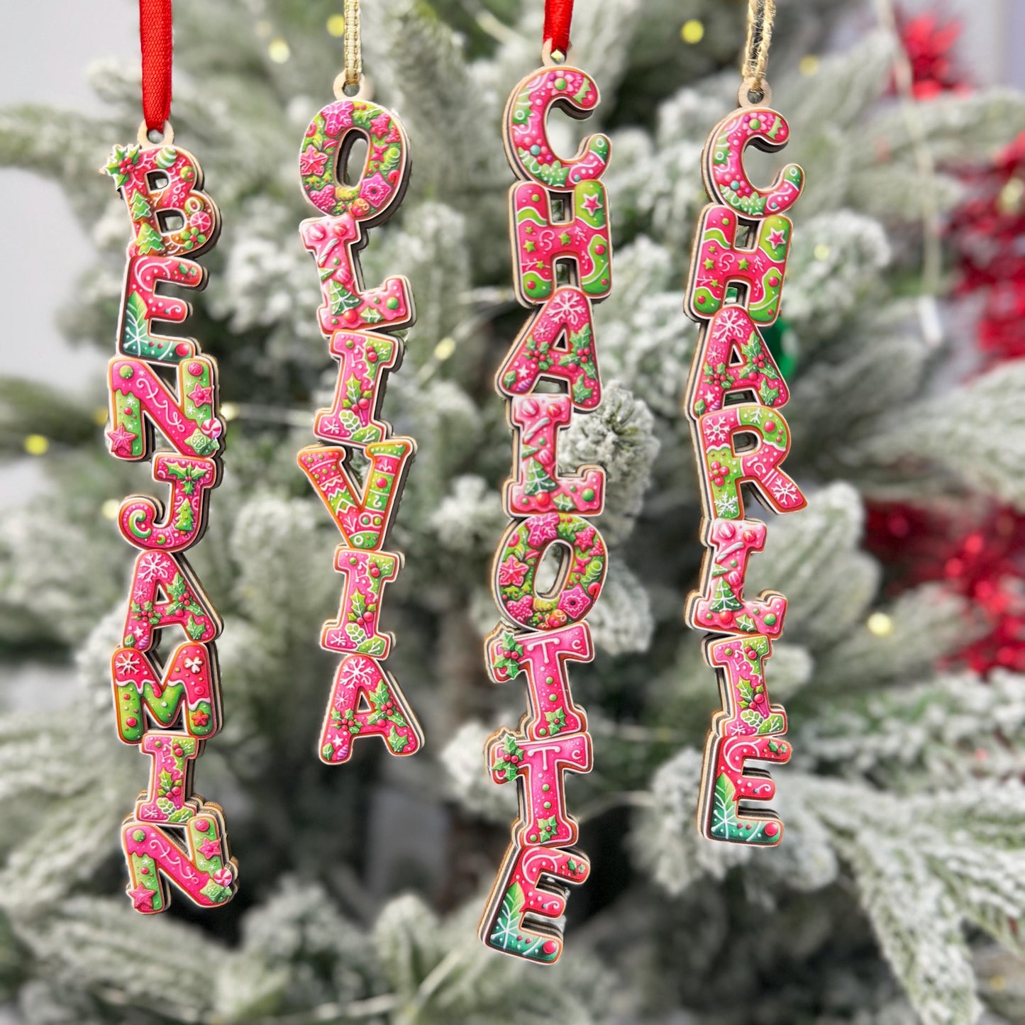 Hot Pink Gingerbread Name Ornaments - Pink & Green Letter Decor - Modern Personalized Wood Tree Tag - Unique Gift - product image 3