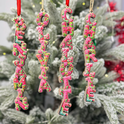 Hot Pink Gingerbread Name Ornaments - Pink & Green Letter Decor - Modern Personalized Wood Tree Tag - Unique Gift - product image 3