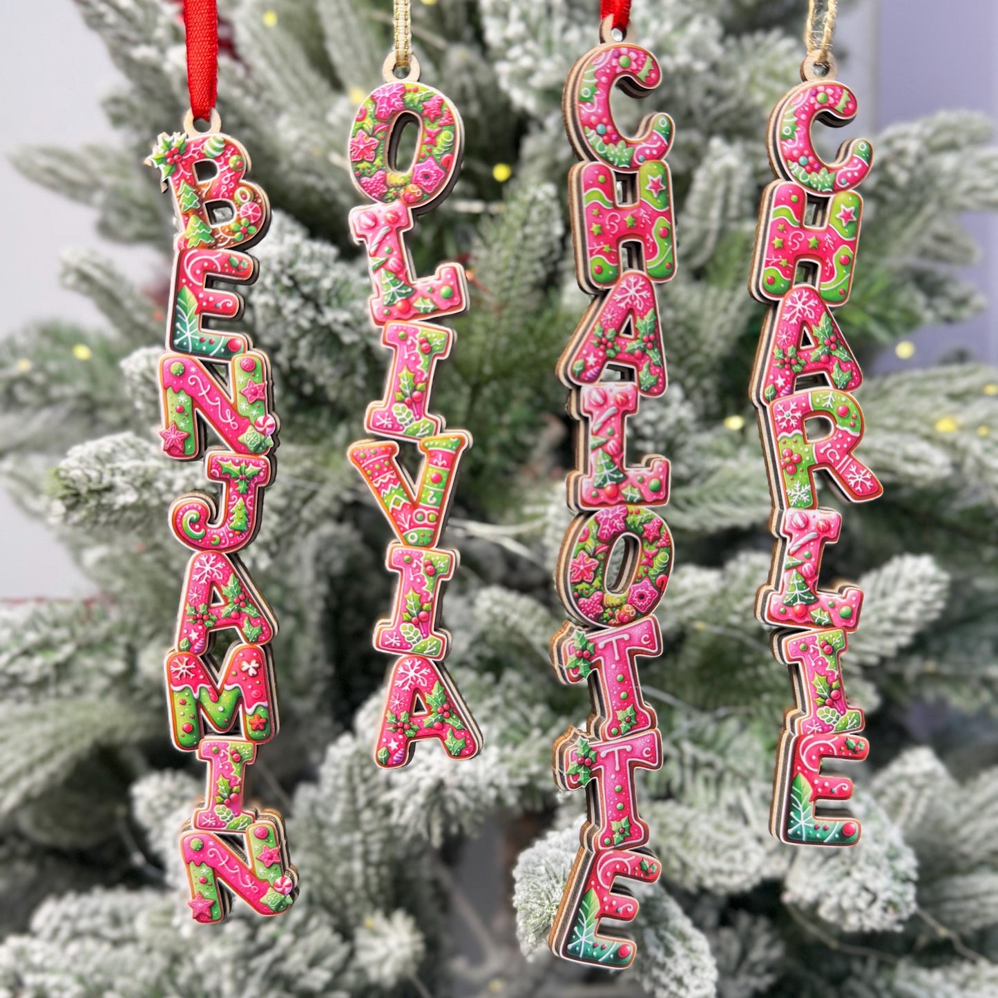Hot Pink Gingerbread Name Ornaments - Pink & Green Letter Decor - Modern Personalized Wood Tree Tag - Unique Gift - product image 5