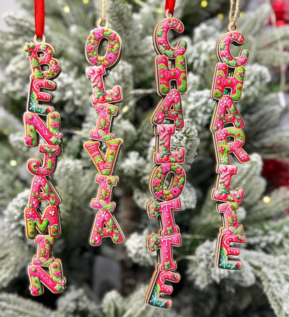 Hot Pink Gingerbread Name Ornaments - Pink & Green Letter Decor - Modern Personalized Wood Tree Tag - Unique Gift - main product image