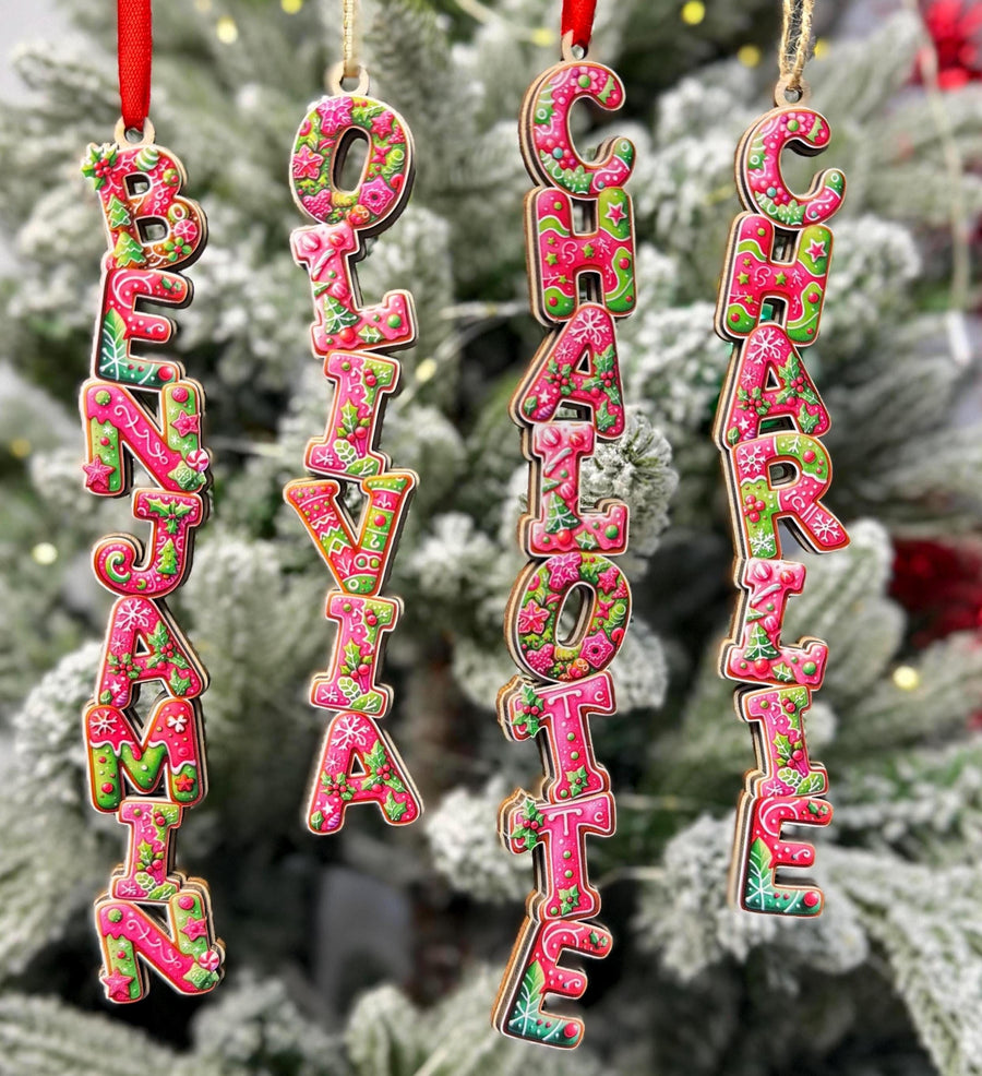 Hot Pink Gingerbread Name Ornaments - Pink & Green Letter Decor - Modern Personalized Wood Tree Tag - Unique Gift - main product image