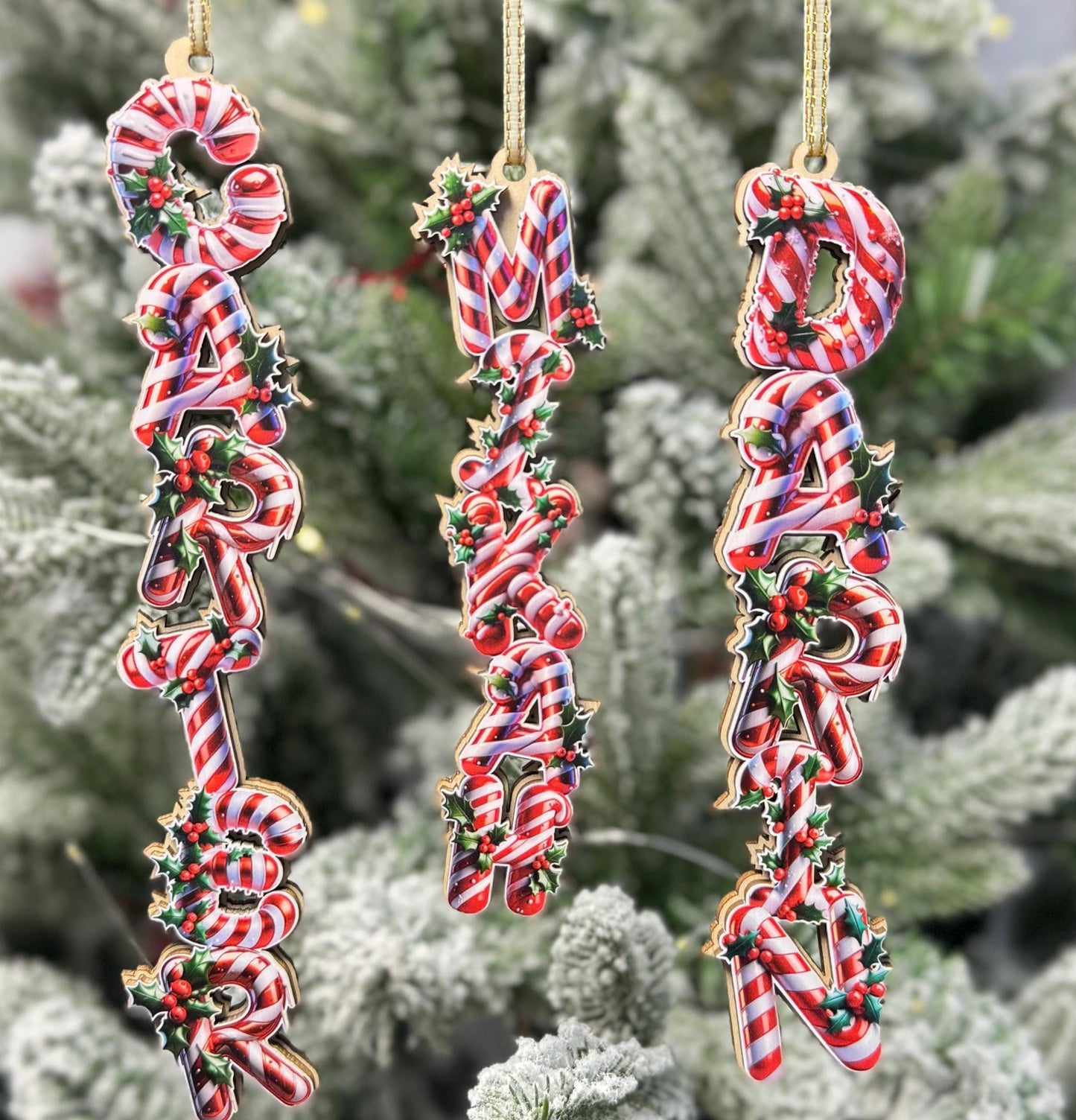 Candy Cane Name Ornament - Personalized Christmas Letter Decor - Peppermint Stripe Wood Tree Tag - Holiday Stocking Stuffer - main product image