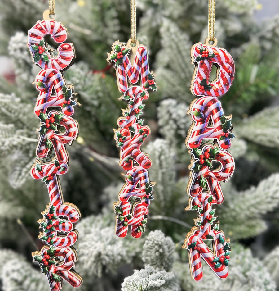 Candy Cane Name Ornament - Personalized Christmas Letter Decor - Peppermint Stripe Wood Tree Tag - Holiday Stocking Stuffer - main product image