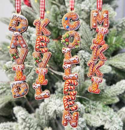Deluxe Gingerbread Name Ornament - Personalized Christmas Cookie Style Letter Decor - Custom Wood Tree Tag Gift - main product image