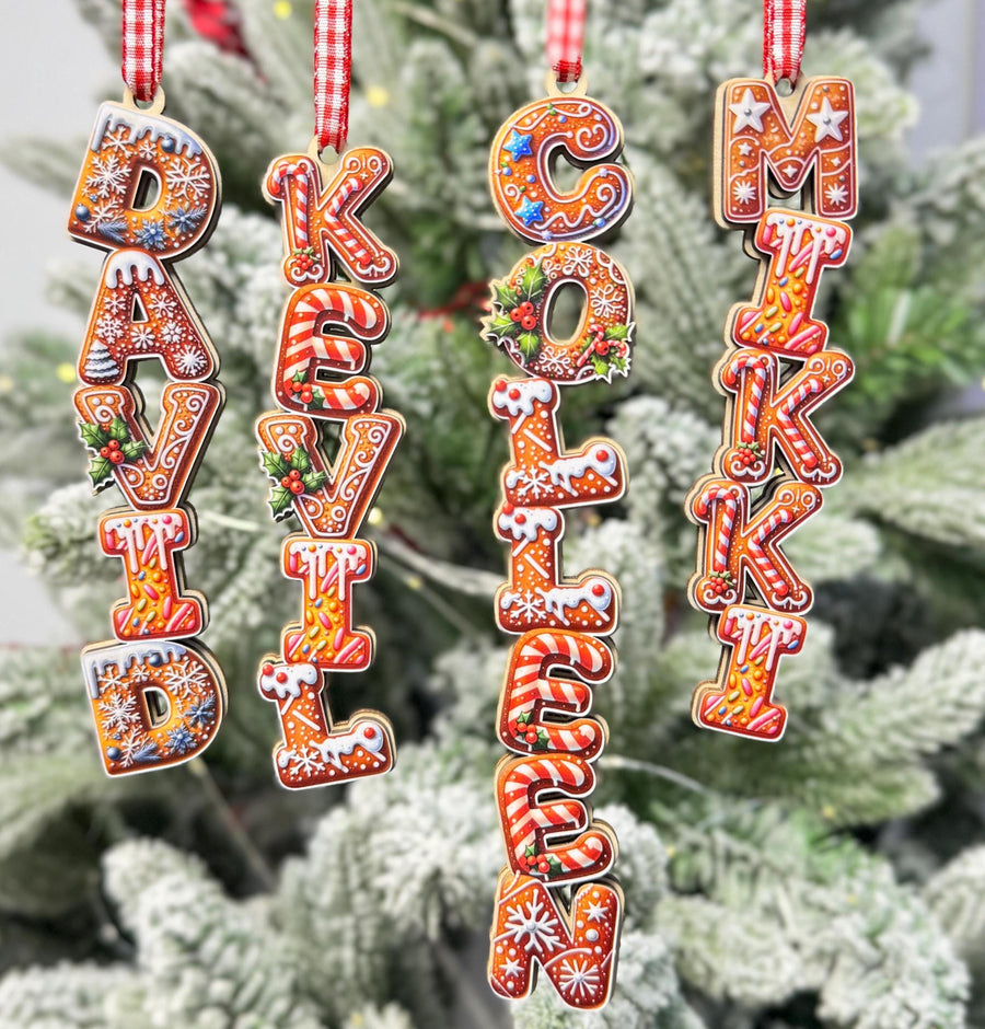 Deluxe Gingerbread Name Ornament - Personalized Christmas Cookie Style Letter Decor - Custom Wood Tree Tag Gift - main product image