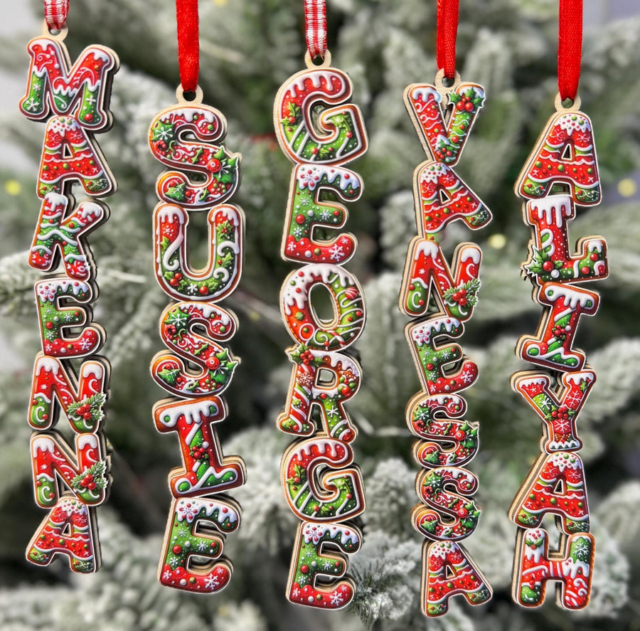 Traditional Gingerbread Name Ornaments - Red Green Letter Decor - Personalized Wood Christmas Tree Tag - Holiday Cookie Gift - main product image