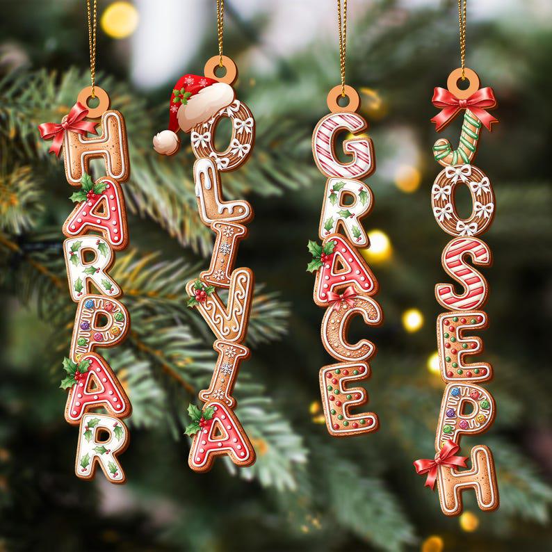 Custom Gingerbread Alphabet Ornament Acrylic, Kids Name Ornament, Acrylic Stocking Tags, Kids Christmas Gifts, Holiday Ornament, Xmas Tree - main product image