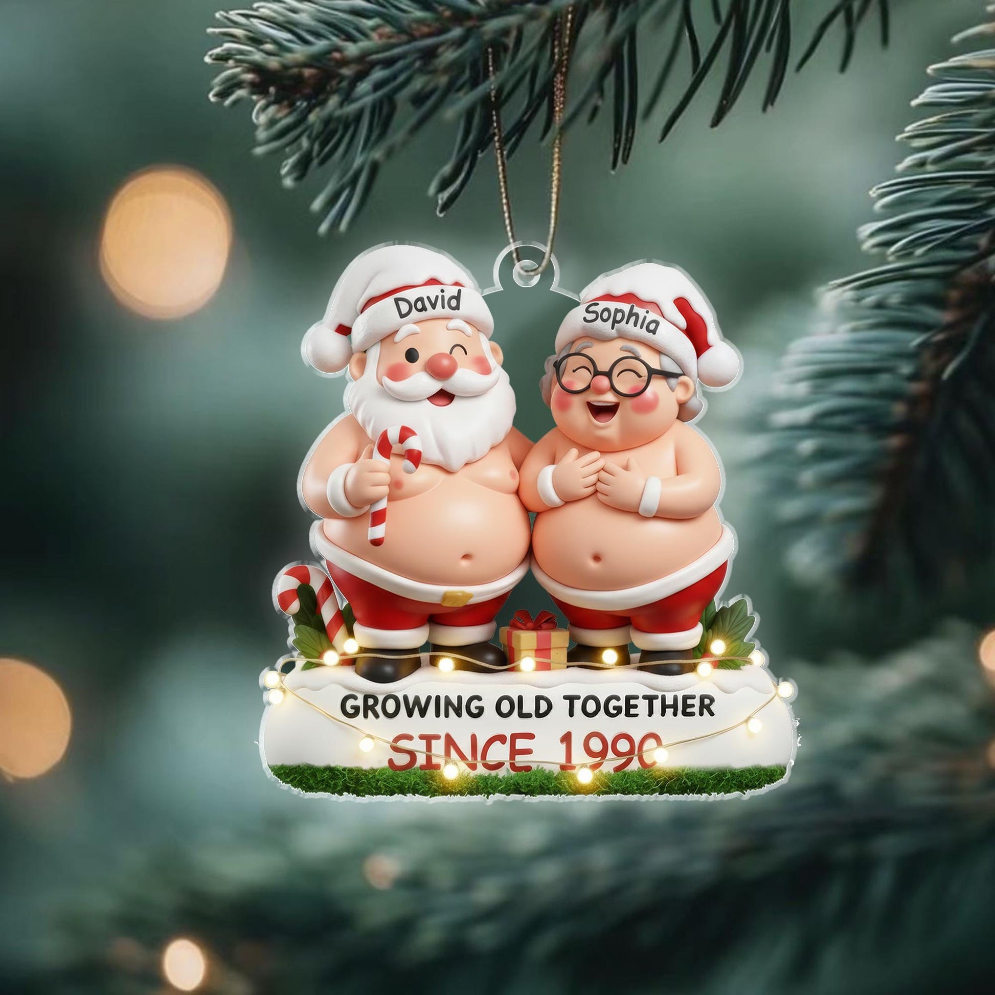 Funny Couple Acrylic Ornament – Custom Names & Since Year, Growing Old Together Santa Style, 2D Christmas Decoration Acrylic - main product image