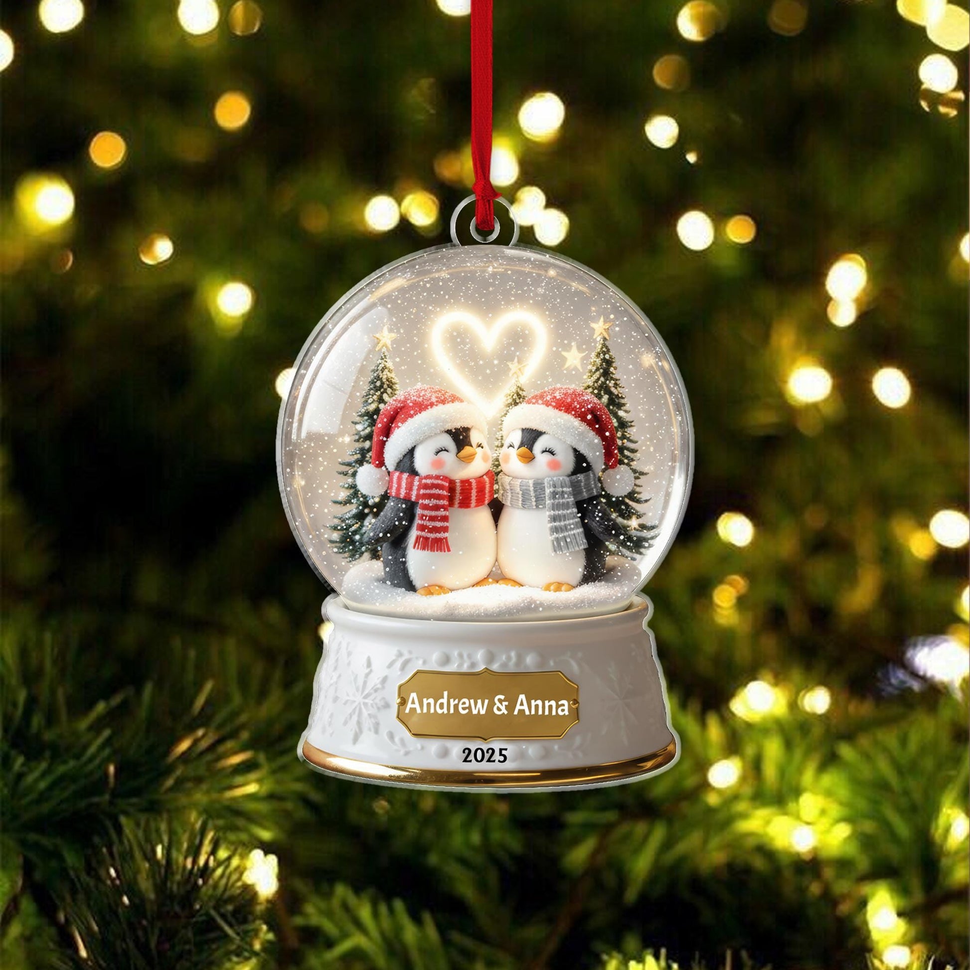 Cute Penguin Couple Acrylic Ornament – Custom Names & Year 2026, Personalized Snow Globe 2D Christmas Keepsake, Romantic Gift - main product image