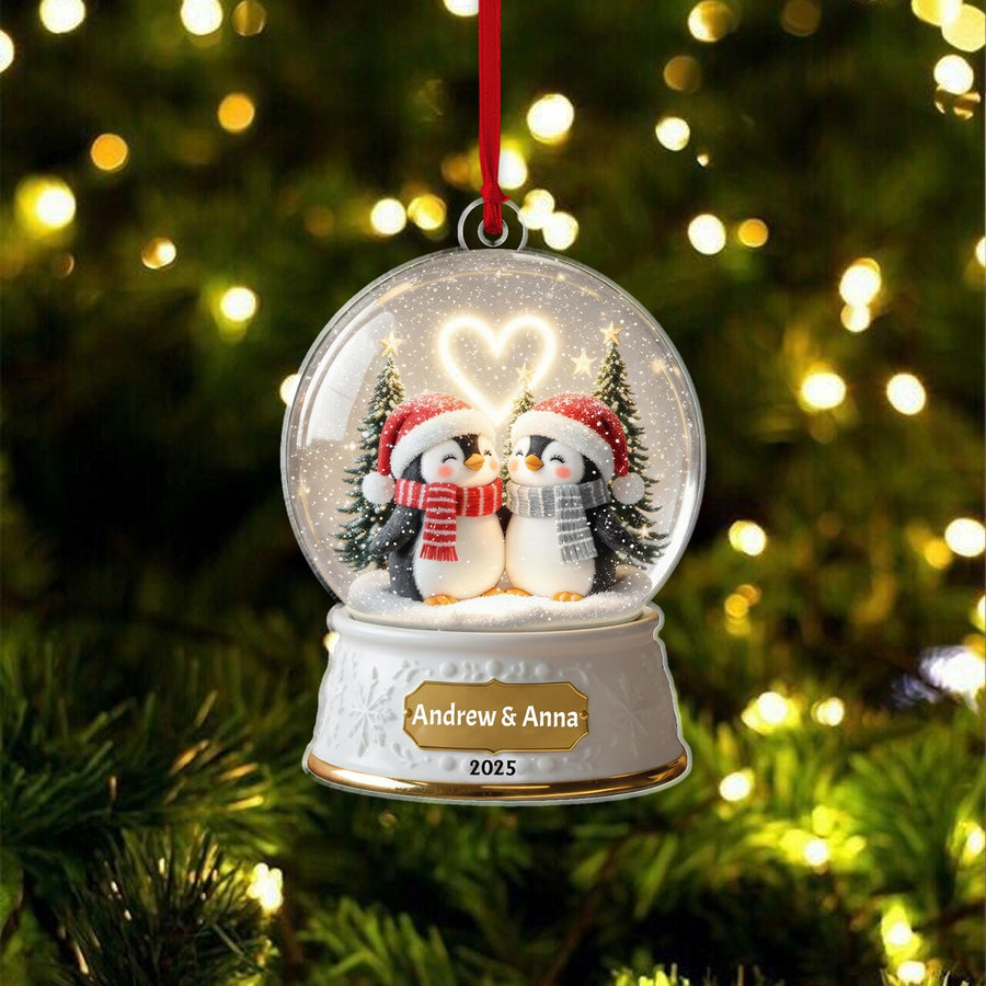 Cute Penguin Couple Acrylic Ornament – Custom Names & Year 2026, Personalized Snow Globe 2D Christmas Keepsake, Romantic Gift - main product image