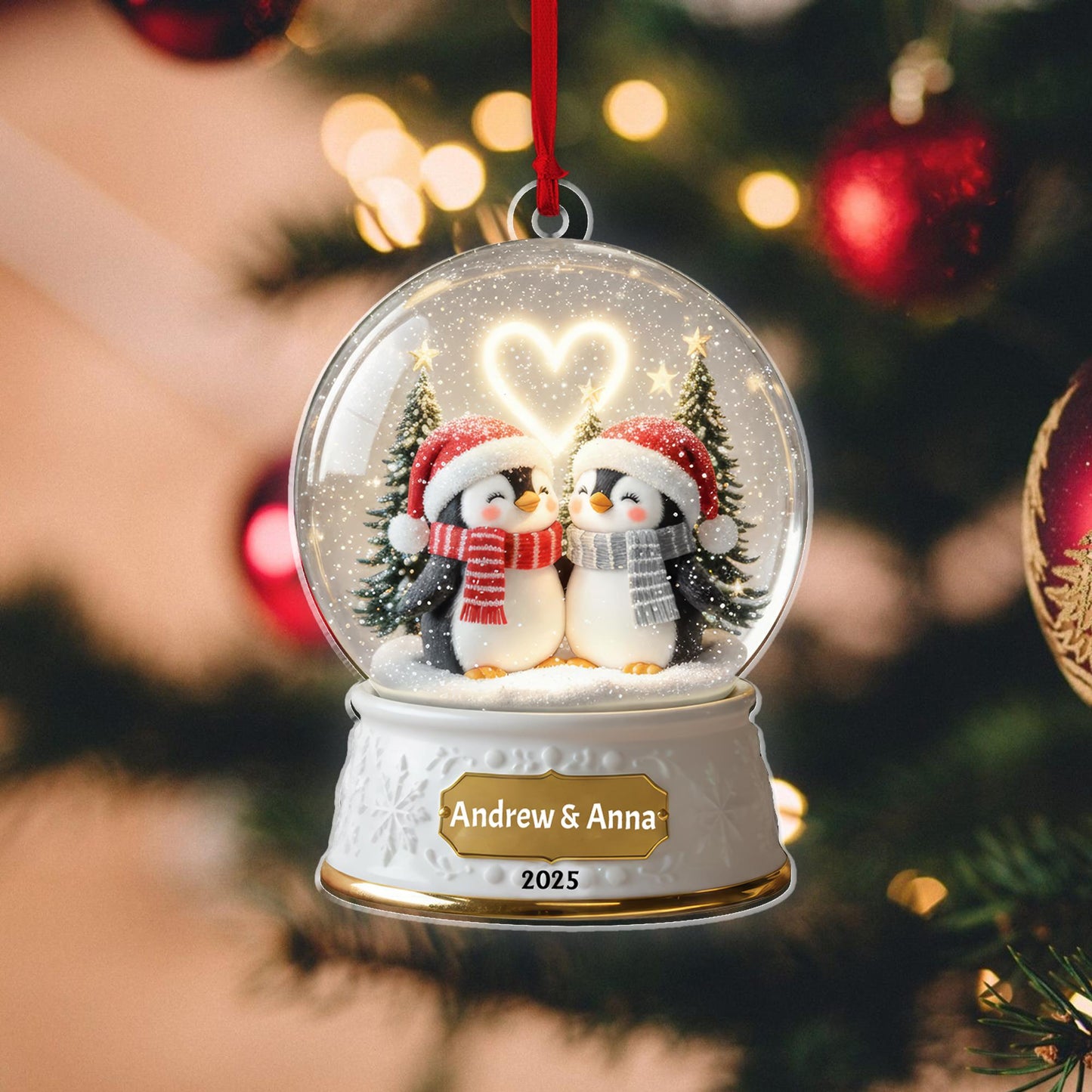 Cute Penguin Couple Acrylic Ornament – Custom Names & Year 2026, Personalized Snow Globe 2D Christmas Keepsake, Romantic Gift - product image 3