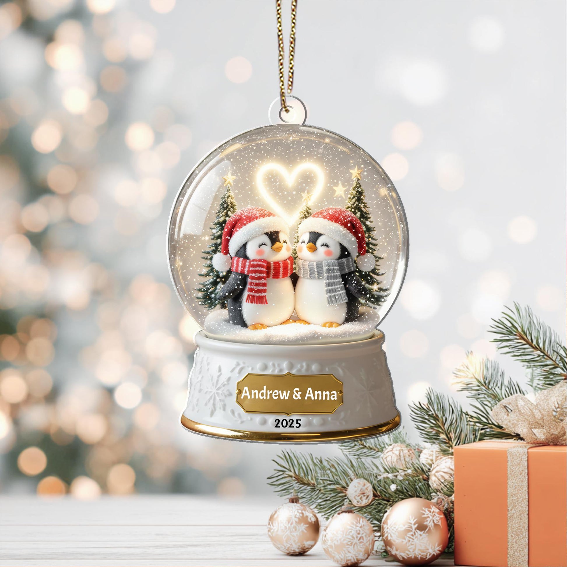 Cute Penguin Couple Acrylic Ornament – Custom Names & Year 2026, Personalized Snow Globe 2D Christmas Keepsake, Romantic Gift - product image 4