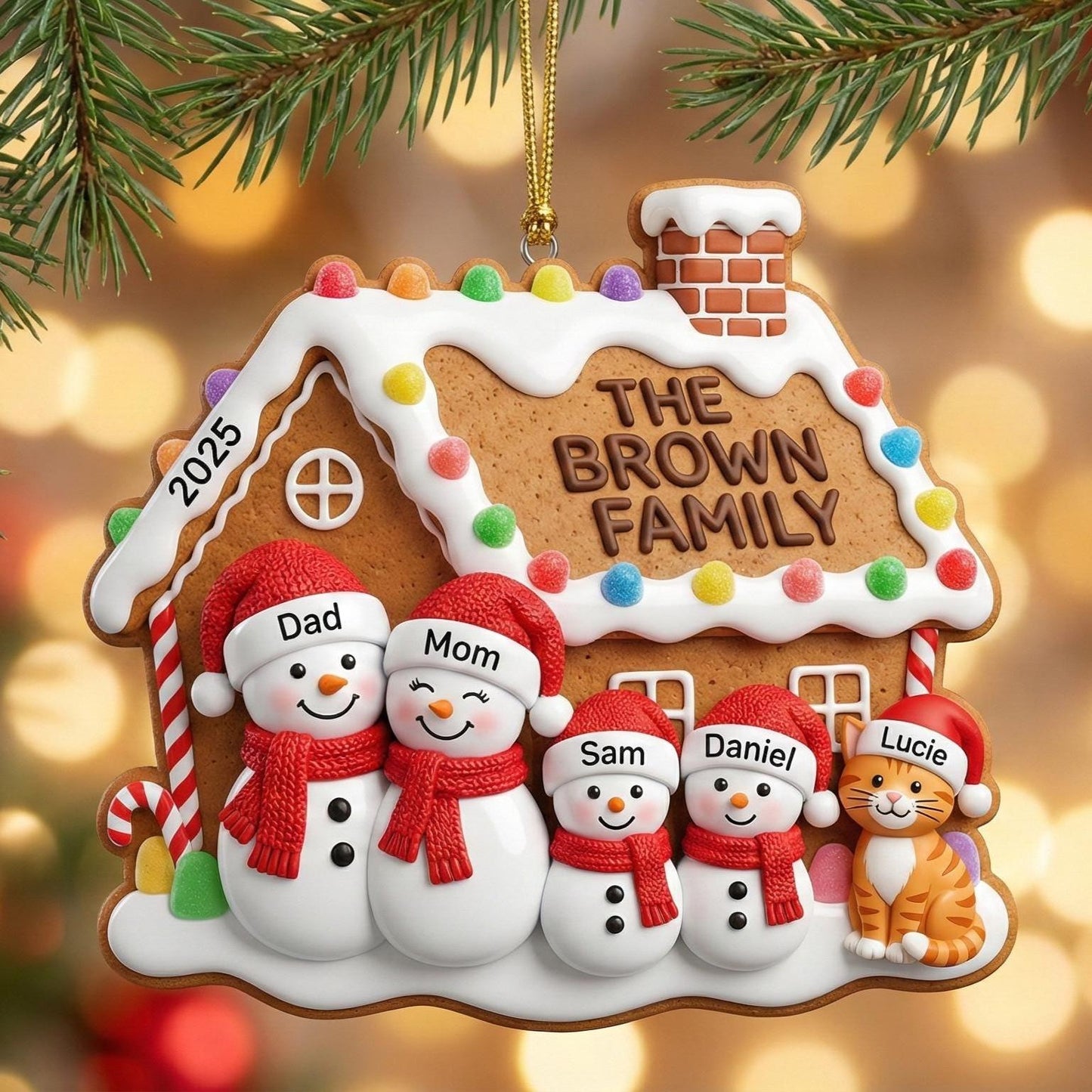 Custom 2D Acrylic Family Name Ornament, Personalized Members & Year, Gingerbread House Christmas Keepsake Gift - product image 2
