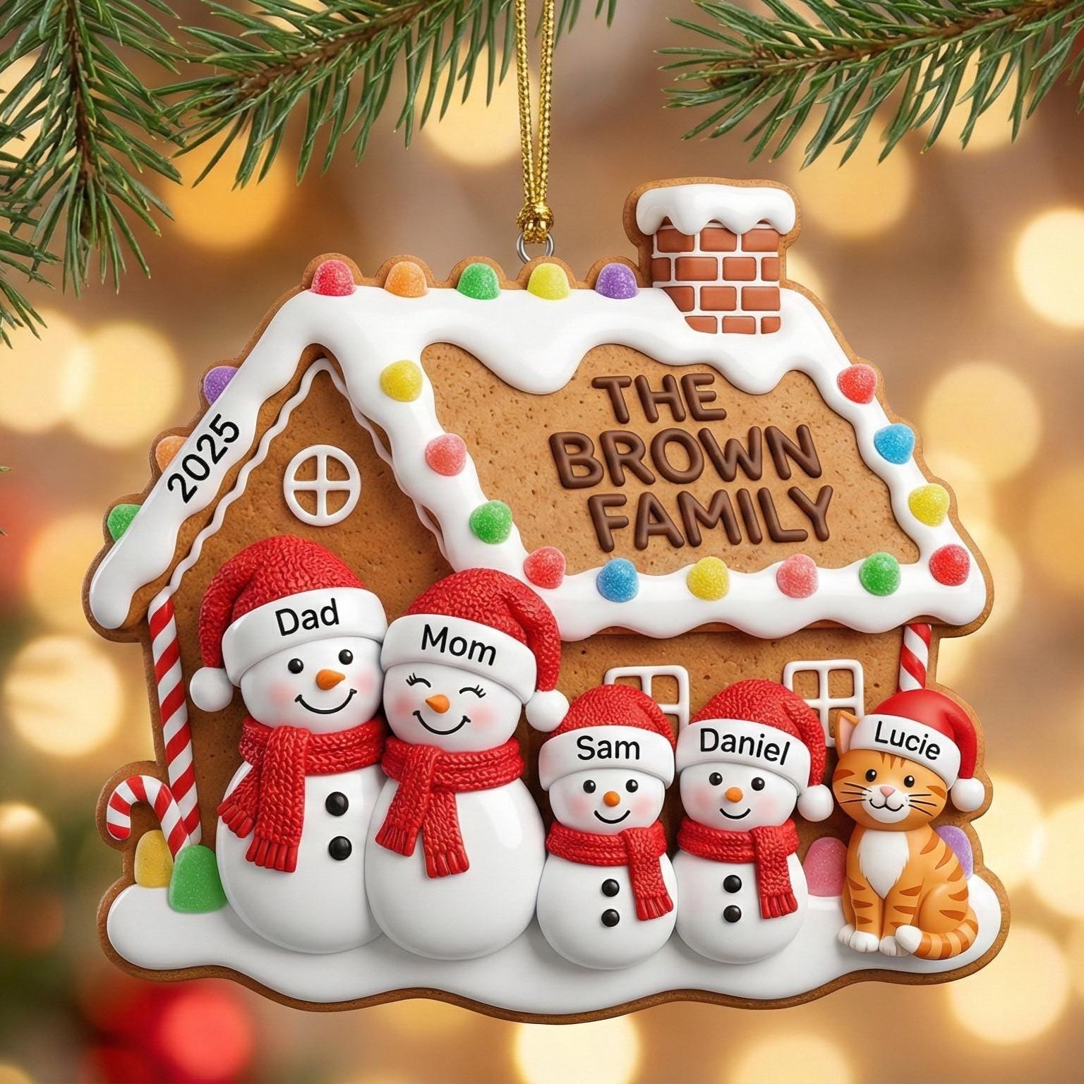 Custom 2D Acrylic Family Name Ornament, Personalized Members & Year, Gingerbread House Christmas Keepsake Gift - product image 2