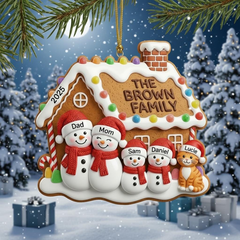 Custom 2D Acrylic Family Name Ornament, Personalized Members & Year, Gingerbread House Christmas Keepsake Gift - main product image