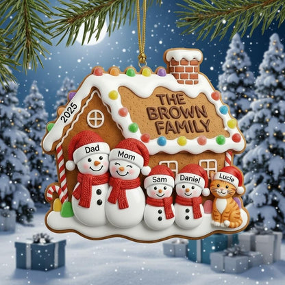 Custom 2D Acrylic Family Name Ornament, Personalized Members & Year, Gingerbread House Christmas Keepsake Gift - main product image