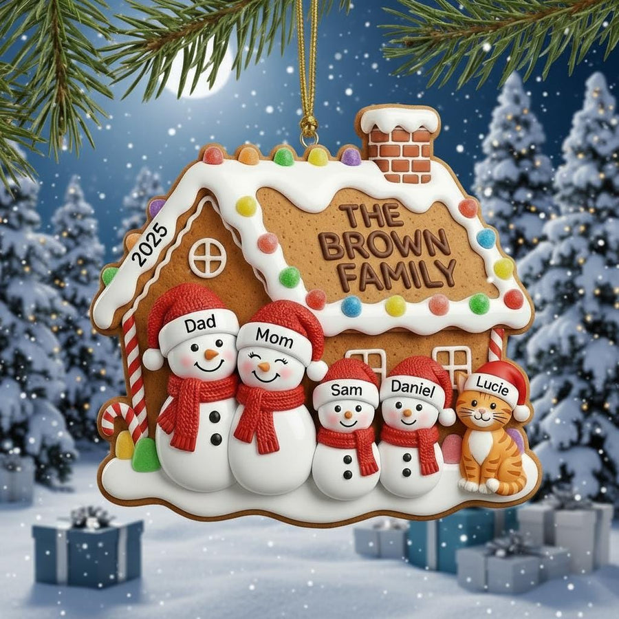 Custom 2D Acrylic Family Name Ornament, Personalized Members & Year, Gingerbread House Christmas Keepsake Gift - main product image
